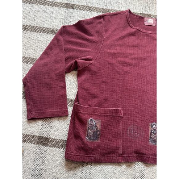 Vintage Blue Fish Women’s Thermal Coffee Red Crop Shirt 2 Large 3/4 Art To Wear - Picture 2 of 14